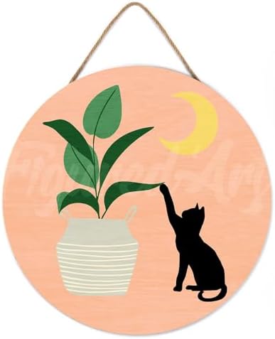 Figured'Art Paint by Numbers Kit for Adults on Wood Slice, 11.8in Diameter - Cat Plays with Plant in The Moonlight - Craft Art Painting DIY Canvas - Image 2
