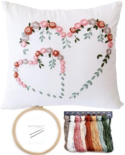 FONNUY Crewel Pillow Case Embroidery Kit, Heart Shaped Loving You Floral Stamped Pattern Kits for Audlt Beginners, Works Crafts Throw Pillow Cover Great Gift for Loved Ones, 18 x 18'' (Beige) by FONNUY