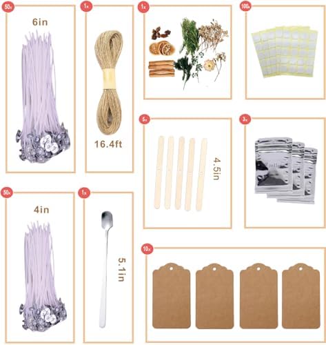 Candle Wicks for Candle Making 4in & 6in Pre-Waxed Cotton Wicks for Candles, Complete Candle Making Supplies with Color Dyes, Dried Flowers, Wick Holders, Wick Stickers for Adults & Beginners - Image 2