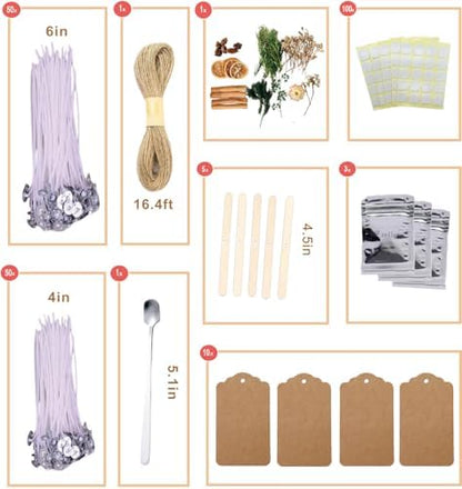 Candle Wicks for Candle Making 4in & 6in Pre-Waxed Cotton Wicks for Candles, Complete Candle Making Supplies with Color Dyes, Dried Flowers, Wick Holders, Wick Stickers for Adults & Beginners - Image 2