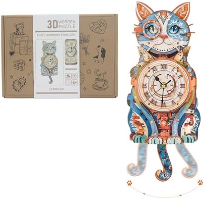 3D Puzzles for Adults Wooden Cat Clock Craft Kits with Pendulum by KOSMICKISS