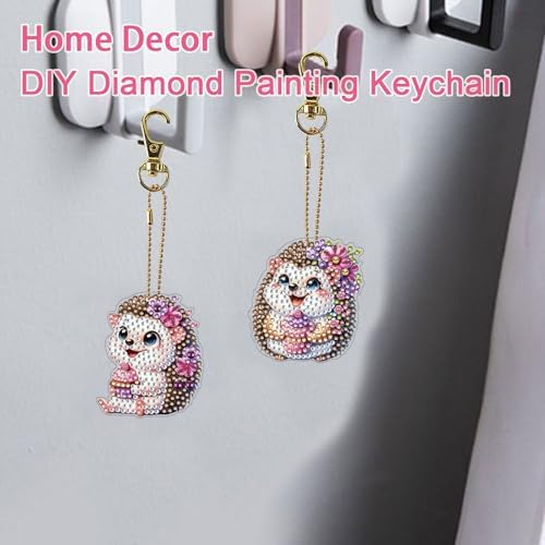 15 pcs Summer Theme Diamond Art Keychain Ornaments Double Sided 5D DIY Diamond Painting Keychain Kits for Adults Key Ring Art Pendant Decor (Hedgehog) - Image 5