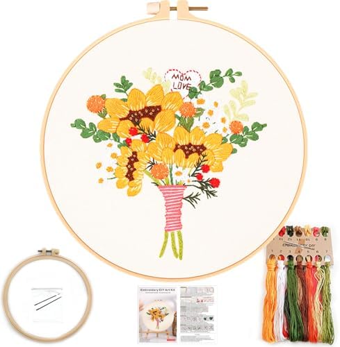 FONNUY Bouquet Flowers Embroidery Kit Love Mom for Beginners, Pre-Stamped Pattern Kits for Adults with Hoop, Easy to Follow Color Thread Needlework, 8'' Hoop (Sunflowers) by FONNUY