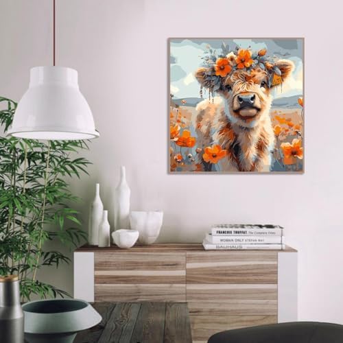 AALBLAC Cow Paint by Numbers for Adults - Highland Cow Flower Paint by Numbers for Adults Beginners, Acrylic Simple Paint by Number Canvas for Gift Home Decoration (16x16 Inch) - Image 3