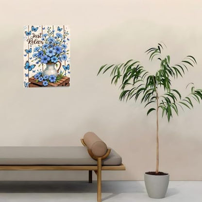 Blue Flowers With Butterfly Paint By Numbers Kit For Adults - Diy Rustic White Wood Background Painting On Canvas 16X20In, Acrylic Paint Set, Suitable For Beginners, Art For Home Decoration Or Gifts - Image 4