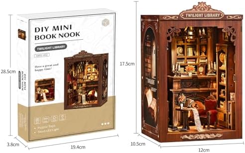 Twilight Library Book Nook Kit - DIY Miniature Dollhouse with LED Warm Light, 3D Wooden Puzzle Bookends, Immersive Miniature, Stress Relief Craft Gift for Adults Teens, Aesthetic Home Decor - Image 7
