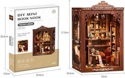 Twilight Library Book Nook Kit - DIY Miniature Dollhouse with LED Warm Light, 3D Wooden Puzzle Bookends, Immersive Miniature, Stress Relief Craft Gift for Adults Teens, Aesthetic Home Decor - Image 7