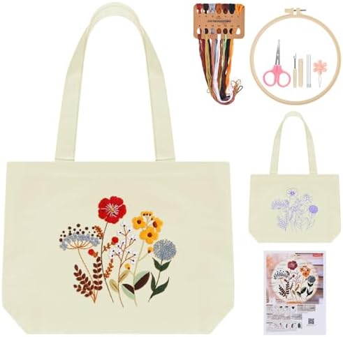 ERKOON Canvas Tote Bag Embroidery Kit for Beginners, Floral Arts Crafts Cross Stitch Kits for Adults Including Stamped Embroidery Bag with Hoops, Needle, Instruction and Color Threads (Flower) by ERKOON