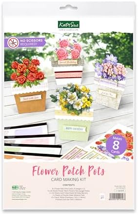 Katy Sue Flower Patch Pots Card Making Kit. 8 Cards, 8 Envelopes, 3 Sheets of Floral Die-Cut Decoupage, Adhesive Pads, & 2 Sheets of Birthday Sentiments Banners for Card Making Supplies by KatySue