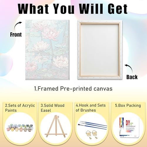 Ausanrl Flowers Framed Paint by Numbers Wooden Easel-Adult Paint by Number Kits on Canvas Framed,Lotus Paint by Numbers with Frame,Gifts and Home Wall Decor 12x16inch - Image 6