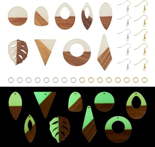 FASHEWELRY Glow in The Dark Resin Wood Earrings Charms Geometry Luminous Wooden Earring Blanks Glow Light Teardrop Wooden Earring Findings for Jewelry Making, 98Pcs by FASHEWELRY