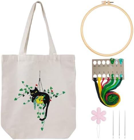Louise Maelys Plant Cat Embroidery Kit Canvas Tote Bag for Beginners by LouiseMaelys