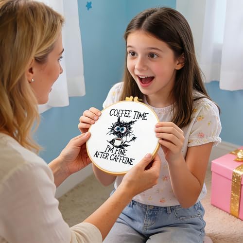 Cute Cat Embroidery Kits for Beginners Adults, Coffee Hand Embroidery Starter Kit, Stamped Cross Stitch Kits for Beginners Adult Craft Kit for Women, Entire Set of Embroidery Supplies & Video Tutorial - Image 4