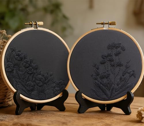 Armindou Black Flowers Embroidery Kits for Beginners Adults, Floral Hand Embroidery Set Needlepoint DIY Kit, Stamped Cross Stitch Kits for Beginners Adult, 2 Embroidery Hoops (Attached Video Tutorial) - Image 2