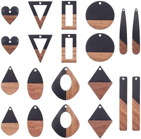 FASHEWELRY 20Pcs Resin Wooden Pendants 10 Styles Rectangle Teardrop Rhombus Flat Round Geometry Vintage Resin Wood Statement for Jewelry Making by FASHEWELRY