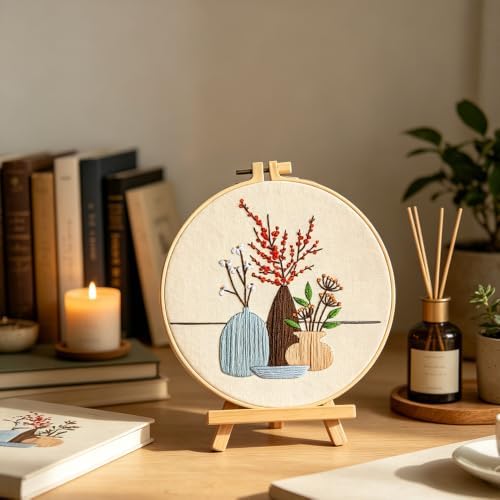 5 Pack Bohemian Beginner Embroidery Set, Floral Vase Design, Complete Threads & Tools with Guide, DIY Home Decoration & Gift - Image 4