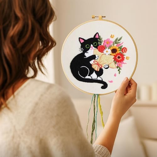 Nuberlic Embroidery Kits for Beginners with Cat and Flower Pattern - Image 3