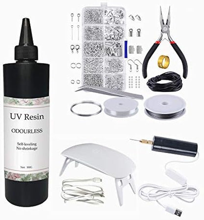 500g UV Resin Clear No Odor, Resin Jewelry Making Starter Kit with UV Lamp + Mini Electric Drill + 900pcs Jewelry Findings Accessories Kit + Tweezers for DIY Resin Crafts Earrings Pendants by VidaRosa