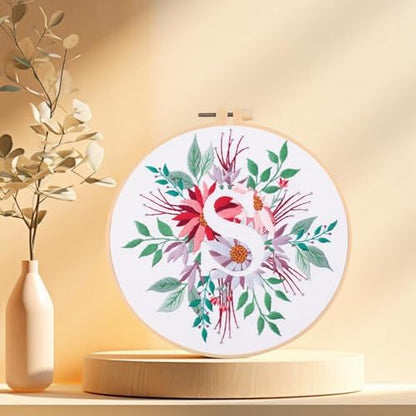 IUHUI Embroidery Kit for Beginners Adults - 26 Floral Letters Easy Patterns, DIY Hand Stitching Embroidery Set with Hoop (Flower and Grass Letter S) - Image 2