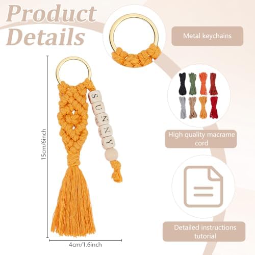 BEUNITONE 16 PCS DIY Craft Keychain Making Kit for Adults Women, 16 Key Ring with Colorful Macrame Cord and 100 Letter Beads, Keychain Making Supplies Handmade Gifts for Key Chain Phone Bag Decor - Image 3
