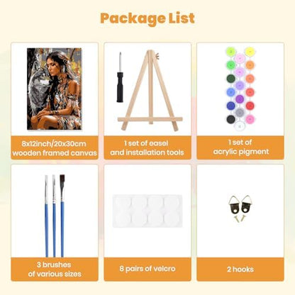 MXJSUA Native American Woman Wolf Framed Paint by Numbers for Adults Beginners, Easy Adults' Paint-by-Number Kits on Canvas with Easel, Acrylic Number Painting Crafts Gifts for Home Decor, 8x12 inch - Image 7