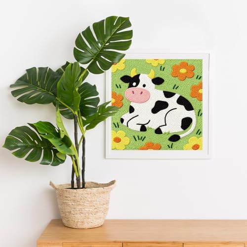 Doodlream Cow Flower Needle Kit for Beginner, 9.4"x 9.4" Cartoon Animal Punch Stitching Craft Set, Color DIY Embroidery Starter with Printed Frame, Instruction, Threader, Yarn, Pinch Needle - Image 6