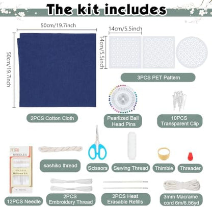 INFUNLY 3 Set Sashiko Drawstring Bag Kit DIY Sashiko Coin Purse Navy Blue Fabric Set for Beginners Make Your Own Tote Bag Thread Needles Hand Sewing Kit for Adults - Image 2