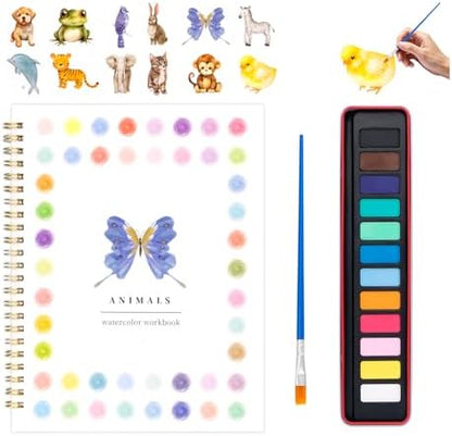 Watercolor Workbook for Adults, Beginner Friendly Watercolor Painting Kit Animals Water Coloring Book, Nature-Themed Practice Art Gift Water Color Paint Book with Palette and Brush by Kivzex