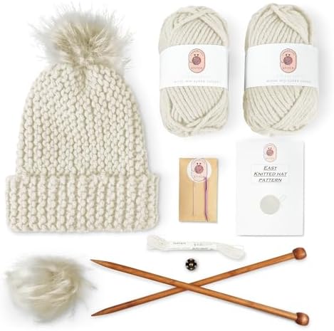 Knitting Kits for Beginners Adults – Practical and Easy to Use Hat Knitting Kit with Yarn, Bamboo Knitting Needles, Faux Pom Pom – Complete Beginners Knitting Kit – Lovely Present for Women and Men by ThoughtfulStitch