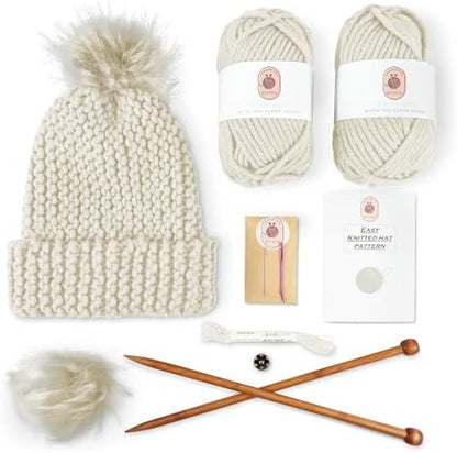 Knitting Kits for Beginners Adults – Practical and Easy to Use Hat Knitting Kit with Yarn, Bamboo Knitting Needles, Faux Pom Pom – Complete Beginners Knitting Kit – Lovely Present for Women and Men by ThoughtfulStitch