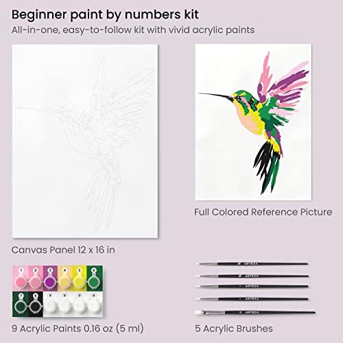 ARTEZA Paint by Numbers for Adults, 12x16 Inches, 21-Piece Hummingbird Painting Kit, Includes Canvas Panel, 12 Acrylic Paint Pots & 5 Paintbrushes for Home & Office Decor - Image 3