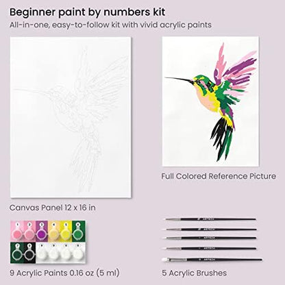 ARTEZA Paint by Numbers for Adults, 12x16 Inches, 21-Piece Hummingbird Painting Kit, Includes Canvas Panel, 12 Acrylic Paint Pots & 5 Paintbrushes for Home & Office Decor - Image 3