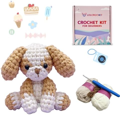 Cute Puppy Crochet Kit for Beginners, Learn to Crochet Animal Starter Set with Video Tutorial & Crocheting Manual, Easy Yarn Knitting Kit for Adult, Stuffed Dog Craft Doll Xmas Gift by LOLCROCHET