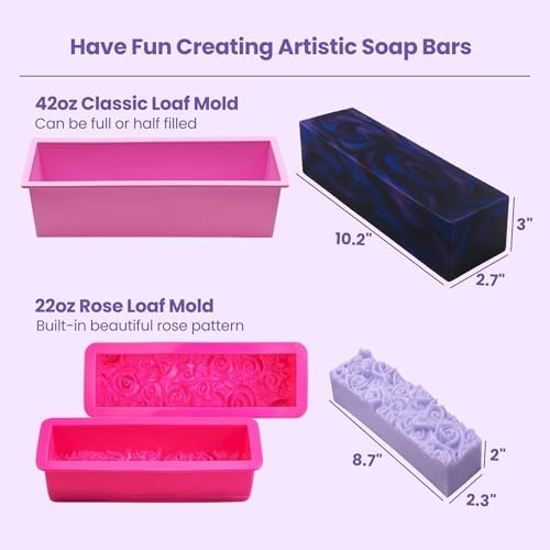 6 Pack Soap Making Silicone Loaf Molds with Wood Boxes & Cutters - 42oz Classic & Rose Loaf Molds, 2pcs Wood Mold Holders, Straight & Crinkle Slicer for Soap, DIY Soap Kit Supplies Accessories & Tools - Image 5