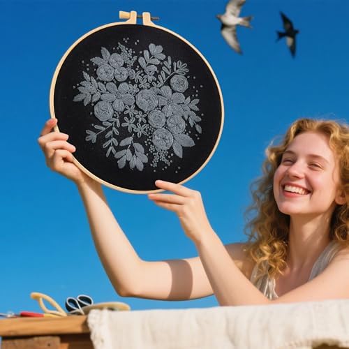 Crafmanoe Embroidery Kits for Beginners Adults, Black Flowers Embroidery Starter Kits, Counted Cross Stitch Kits for Beginners Adults Hobbies Set for Women, Embroidery Hoops, Thread and Video Tutorial - Image 5