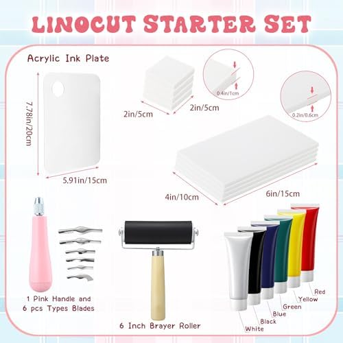 Qeeenar 17 Pcs Linocut Blocks for Printmaking, Stamp Making Carving Linocut Kit for DIY Gift, Rubber Stamp Carving Screen Printing Kit with 6 Colors Block Printing Ink, Rubber Block, Brayer - Image 2