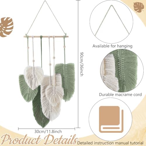 FREEBLOSS DIY Macrame Leaf Wall Hanging Kit Leaves Woven Tapestry Feather Wall Hanging Decor Beginners Macrame Kit for Adults Birthday Gift (Green&White) - Image 3