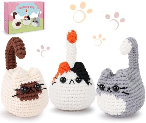 Cat Crochet Kit for Beginners-3PCS Cats Crochet Kits,Teacher Appreciation Gifts for Women, Crochet Starter Kit with Step-by-Step Video Tutorials,Crochet Animal Kits DIY Craft Learn to Crochet Kits by Auspiciousbeginning