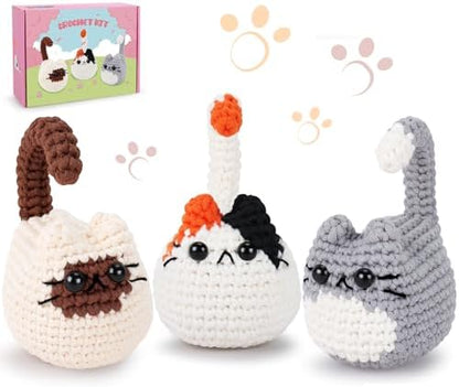 Cat Crochet Kit for Beginners-3PCS Cats Crochet Kits,Teacher Appreciation Gifts for Women, Crochet Starter Kit with Step-by-Step Video Tutorials,Crochet Animal Kits DIY Craft Learn to Crochet Kits by Auspiciousbeginning