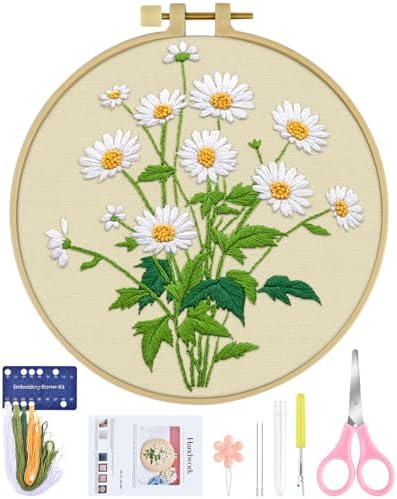 ERKOON Embroidery Kit for Beginners, Flower Cross Stitch Set Include Embroidery Cloth Hoops Threads for Craft Lover Hand Stitch with Embroidery Skill Techniques (Daisy) by ERKOON