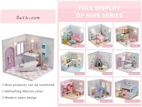 Kisoy Dollhouse Miniature with Furniture Kit, DIY 3D Wooden DIY House Kit A Corner of a Small Apartment Style with Dust Cover & LED,Handmade Tiny House Toys for Kids Adults Gift (Bathroom) - Image 6