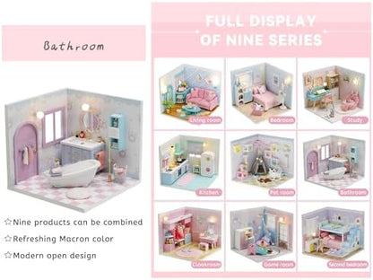 Kisoy Dollhouse Miniature with Furniture Kit, DIY 3D Wooden DIY House Kit A Corner of a Small Apartment Style with Dust Cover & LED,Handmade Tiny House Toys for Kids Adults Gift (Bathroom) - Image 6