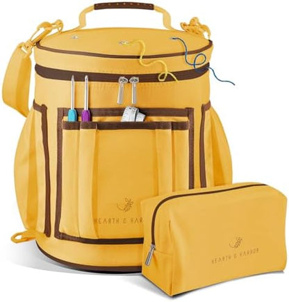 Hearth & Harbor Crochet Bag Organizer – Durable Knitting Bag, Yarn Organizer for Accessories and Supplies, Canvas Yarn Holder, Crochet Carrying Case with Accessories Pouch, Storage Organizer –Mustard by HearthHarbor