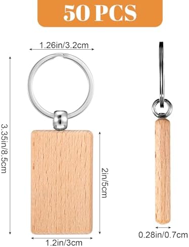 Dimeho 50 Pcs Wooden Keychain Blanks, Laser Engraving Wood Key Chain Rectangle Keychain Blank Bulk Wooden Key Ring Unfinished Various Keys Tag for DIY Craft Supplies - Image 2