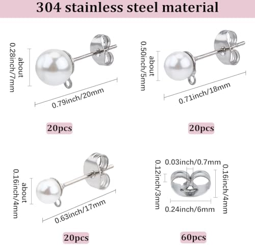 1 Box 120Pcs Silver Pearl Earring Posts Earring Findings Hypoallergenic Bulk Stainless Steel Ear Stud Finding with Loop Imitation Pearl Butterfly Back Ball Ear Post for Jewelry Making Crafts - Image 2