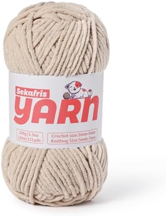 Plush Chunky Chenille Yarn for Crocheting, Soft Fluffy Velvet Yarn for Crocheting, Fuzzy Baby Blanket Knitting Yarns, 100g/131yds Bulky Amigurumi Yarns（Light Khaki） by Sekafris