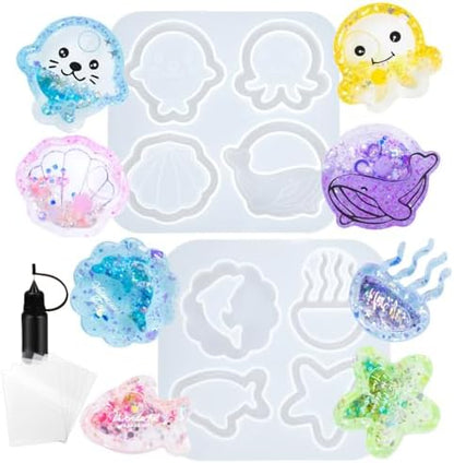 Resin Shaker Molds Set Sea Animals Keychain Charms Pack of 8 Epoxy Silicone Trays Precision Tip Applicator Bottle Kit Bundle by FUNSHOWCASE