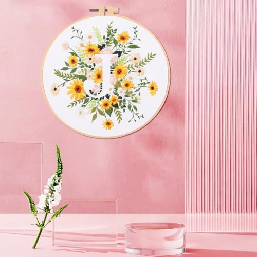 IUHUI Embroidery Kit for Beginners Adults - 26 Floral Letters Easy Patterns, DIY Hand Stitching Embroidery Set with Hoop (Flower and Grass Letter J) - Image 2