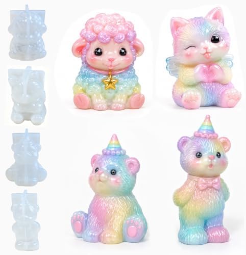 Animal Silicone Mold 4 Pcs 3D Resin Epoxy Candle Mold Bear Cat Sheep Craft by RESINGO