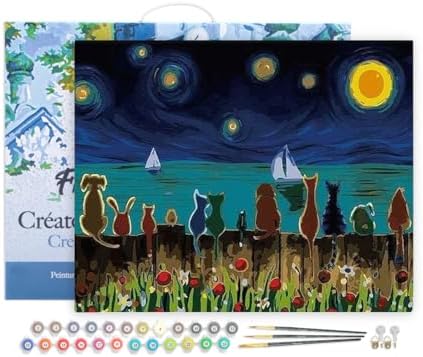 Figured'Art Paint by Numbers for Adults with Frame Starry Night with Animals 16"x20" - Craft Art Painting DIY Kit Canvas Already Stretched on a Wooden Frame by FiguredArt